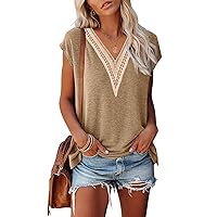 MEROKEETY Women's Casual Cap Sleeve Lace Trim V Neck Tops 2024 Summer Loose Tee Shirts Blous