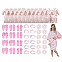 12 Pack Girls Kids Silky Satin Robe with Hair Band Slipper Hair Ring for Wedding Birthday Party Spa