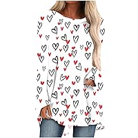 Valentine Day Tunic Tops for Women Oversized Long Sleeve Cute Love Hearts Graphic T-Shirts Casual Crewneck Pullover