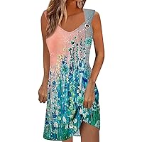 Puffy Sleeves Dress for Women, Spring Summer V Neck Ruffle Sleeveless Fit and Flare Knee Length Boho Beach Vacation Dresses Womens with Polyester Dress Women Dresses Casual (M, Orange)