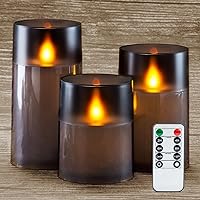 Upgraded Flickering Flameless Candles with Realistic Dancing Flame, LED Candles, Battery Operated Candles with Remote and Timers, Grey Acrylic, Outdoor Waterproof, Set of 3