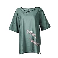 Shirt for Women Casual Short Sleeve Crewneck Print Blouse with Button Cotton Linen Oversized Summer T Shirt Tops