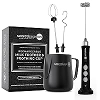 Secretbase Rechargeable Frother Mixer, Black Pitcher and Charging Base - 3 Speed Electric Milk Frother Handheld - Includes Cup, Frother for Coffee, Tiny Egg Beater, Electric Stirrer(Black Edition)
