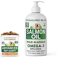 32oz Salmon Oil + 120Ct Glucosamine Treats Bundle - Skin & Coat Support + Old Dog Joint Pain Relief - EPA + DHA Fatty Acids + Chondroitin, Omega-3 - Advanced Immune, Heart & Joint Health - Made in USA