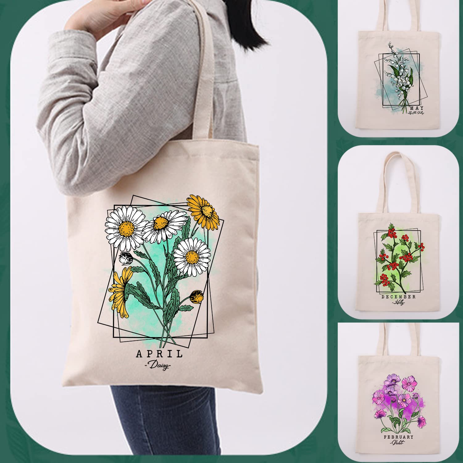 GZLDGIFTS Birth Month Flowers Canvas Tote Bag Birthday Gifts for Women  Reusable Shopping Cloth Grocery Floral Tote Bags