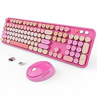 Wireless Keyboard and Mouse Combo, Ergonomic Full Size Typewriter Retro Round Keycaps Keyboard, Compatible with Windows, PC, Perfer for Home and Office Keyboards （Red）