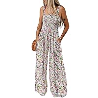 Happy Sailed Womens Overalls Casual Floral Print Sleeveless Jumpsuit High Waist Wide Leg Romper Jumpsuits with Pockets