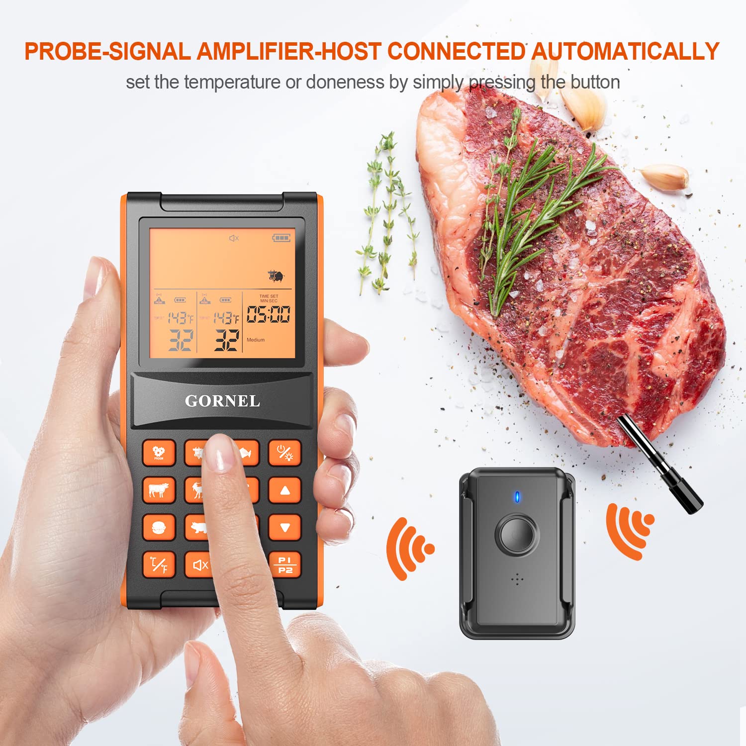 GORNEL Wireless Meat Thermometer – Digital Cooking Thermometer with 2 Probes – 300Ft Remote Range Food Thermometer – IP65 Waterproof Probes – Preprogrammed Temperatures - Ideal for BBQ, Oven, Grill