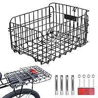Rear Bike Basket, Steel Wire IKE Rack Basket with Reflective Board, Foldable Bicycle Rear Basket, E-Bike Basket for Bike Handlebar/Rear Cargo Rack(14.6x10.6x7.9)