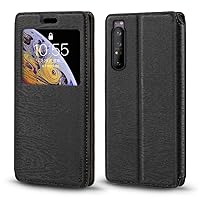 Sony Xperia 1 III Case, Wood Grain Leather Case with Card Holder and Window, Magnetic Flip Cover for Sony Xperia 1 III Black