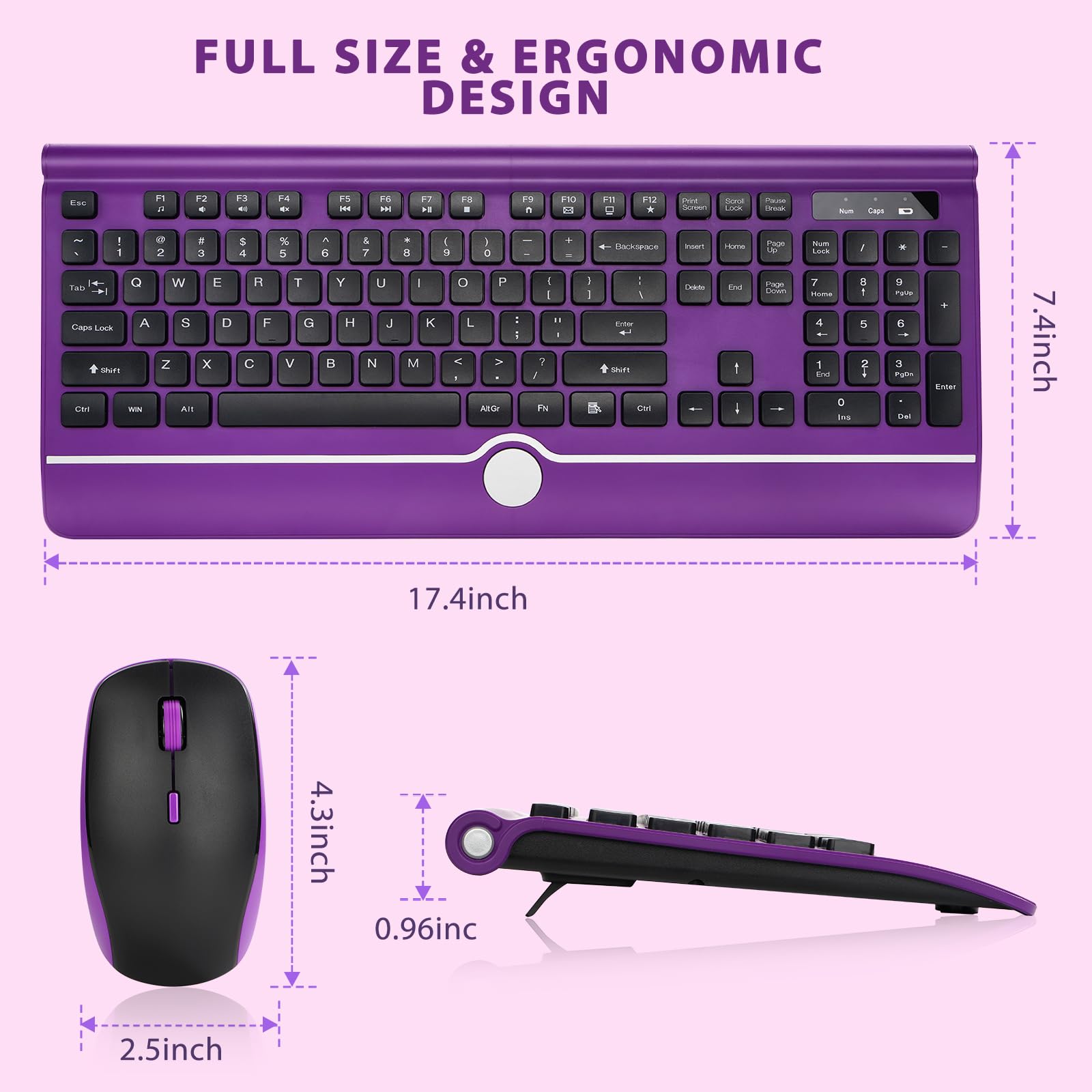 Wireless Keyboard and Mouse, KOPJIPPOM Purple Keyboard and Mouse with Wrist Rest, 2.4G Silent Cordless Full-Size Keyboard Mouse Combo for Windows Computers Desktop, Laptop, PC