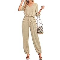 Women's Jumpsuits Casual Elbow Sleeve V Neck Elastic Waist Long Rompers with Pockets