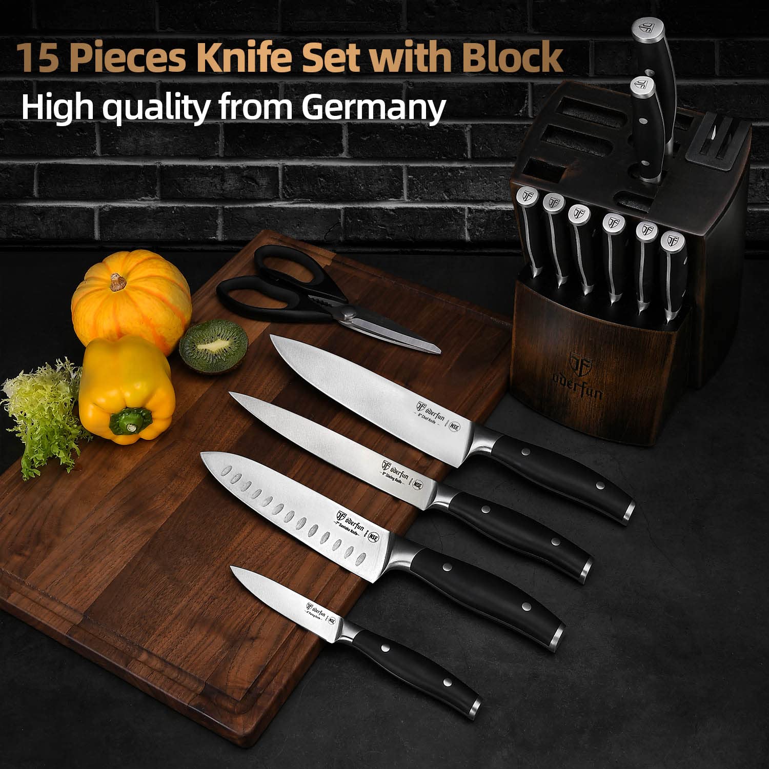 Knife Set with Block, ODERFUN 15 Pcs 1.4116 German Steel Kitchen Knife Set, Ultra Sharp Knives Set for Kitchen with Knife Sharpener, Ergonomic Handle Full Tang Forged with NSF Certified