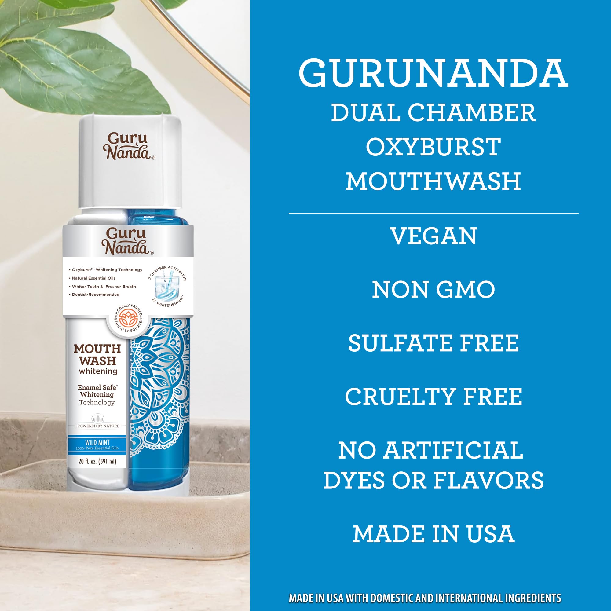GuruNanda Dual Barrel Oxyburst Whitening Mouthwash - Alcohol & Fluoride Free, Made with 100% Natural Essential Oils – Helps Bad Breath, Promotes Teeth Whitening & Healthy Gums - Wild Mint (20 Oz)