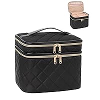 Travel Makeup Bag Organizer, Large Make Up Bag for Women, Double Layer Cosmetic Bag with Removable Dividers, Portable Makeup Case Storage, Black