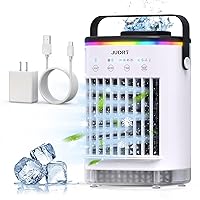 Portable Air Conditioners, Mini Evaporative Air Cooler, 4 in 1 Upgraded Personal Desk Fan with 7 Colors Light, Powerful 4 Speeds & Cool Air Sprays Humidify AC for Room Office Table Home School