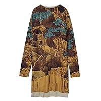 Dress Printed Wool Knitting Comfortable Round Collar and Long Sleeves Skirt Brown