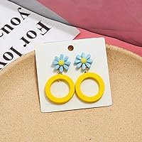 Retro Girl Heart Fashion Flowers Acrylic Circle Small Jewelry Earrings (Yellow)