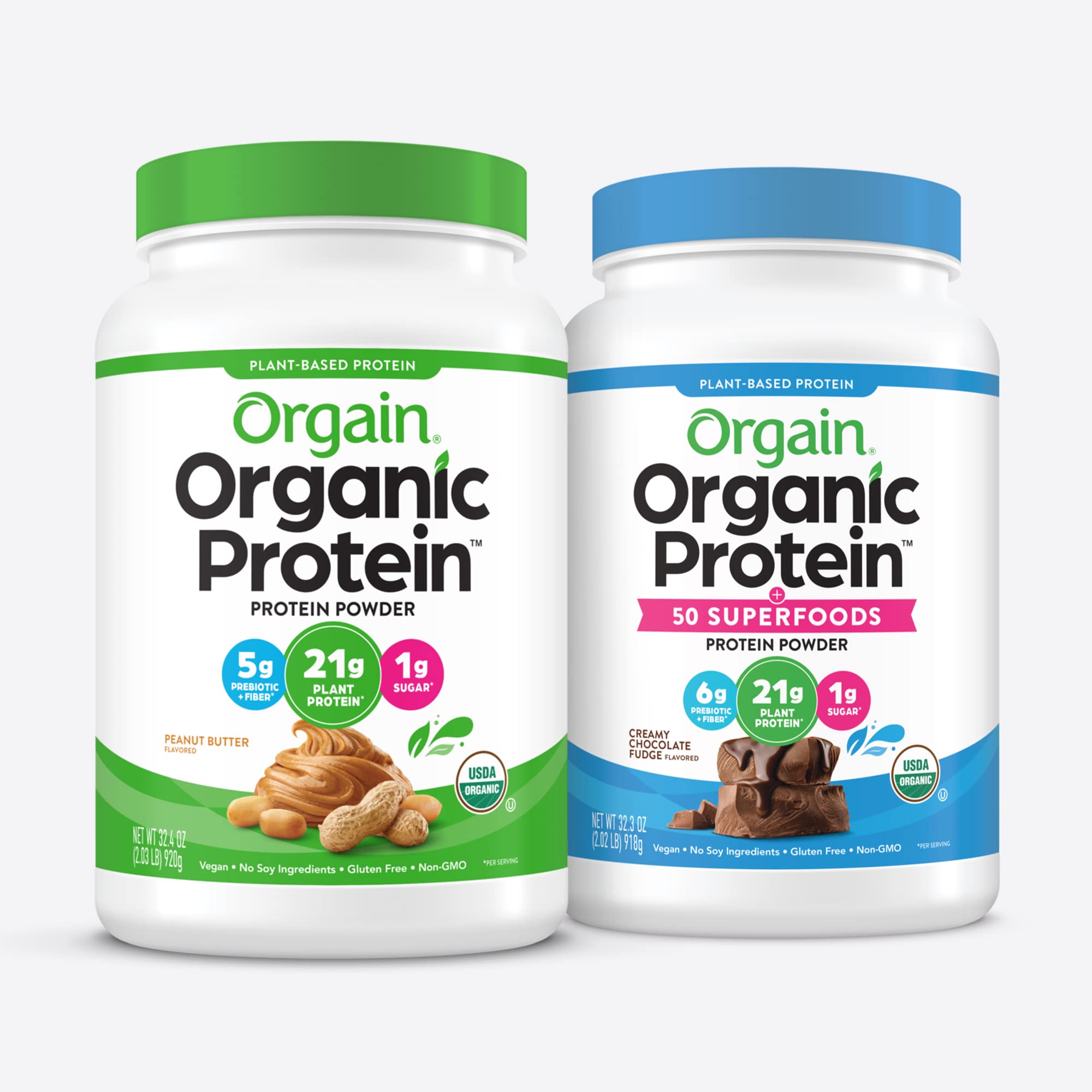 Orgain Bundle - Peanut Butter Protein Powder and Chocolate Protein & Superfoods Powder - Vegan, Made without Dairy, Gluten and Soy, Non-GMO