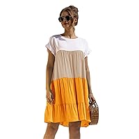 Womens Summer Sunshine Colorblock Tunic Round Neck Ruffle Flutter Sleeveless Loose Fit Short Flowy Pleated Mini Dress