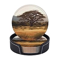Africa Tree Printed Drink Coasters with Holder Leather Coasters Set of 6 Tabletop Protection Decorate Cup Mat for Coffee Table Bar Kitchen Dining Room
