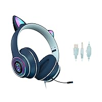 Cat Ear Gaming Headset with Mic RGB LED Light, Flashing Glowing Stereo Headphones, 7.1 Stereo Sound Surround Over-Ear Headset for PC, PS4, PS5, Nintendo Switch,Mobile(Navy Blue)