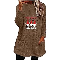 2023 Cute Christmas Fuzzy Sherpa Pullover for Women Funny Santa Claus Printed Graphic Crew Neck Winter Tunic Tops