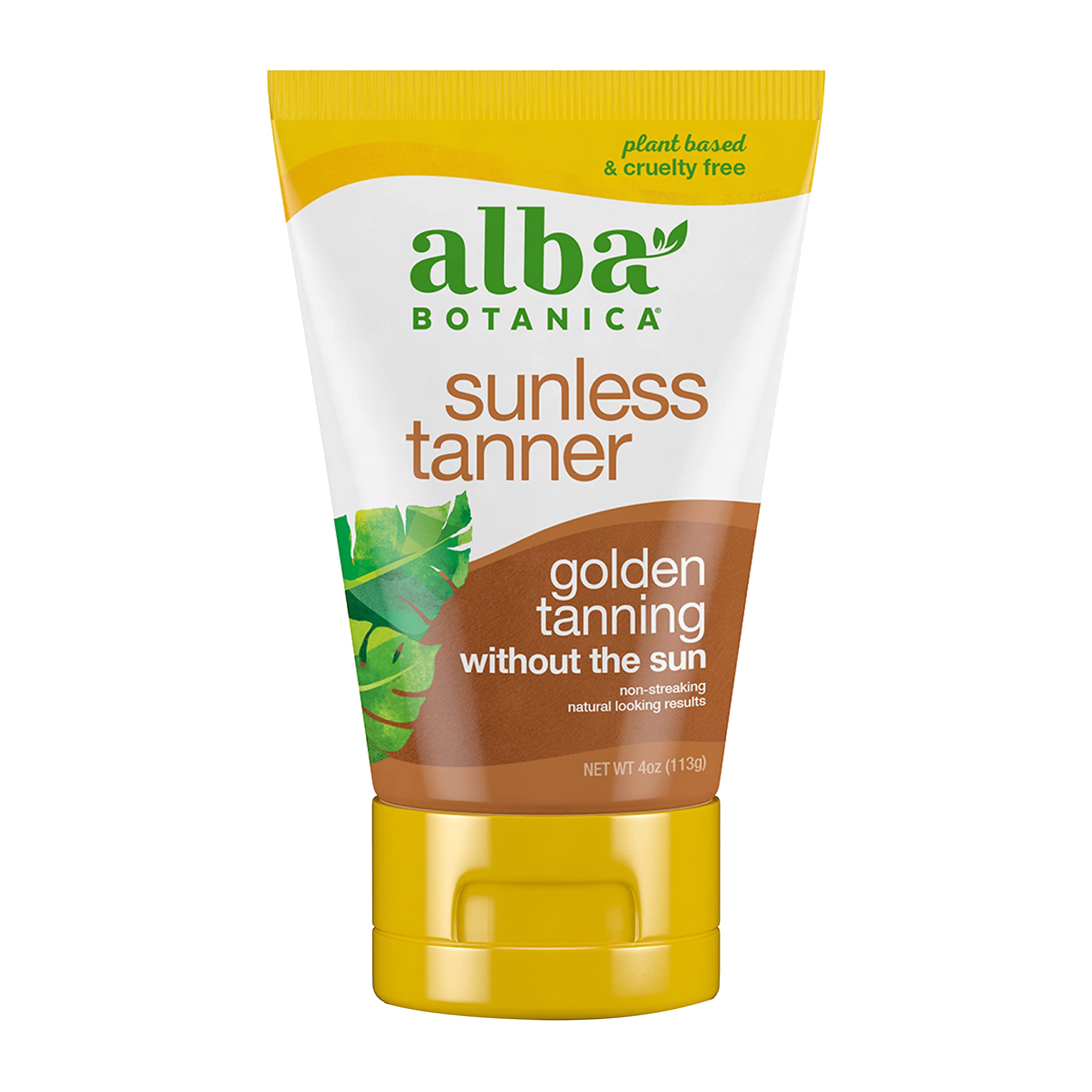 Alba Botanica Sunless Tanner, Self-Tanning Lotion for Face and Body, Golden Tanning without the Sun, Non-Streaking and Natural Looking Self-Tanner, 4 oz. Tube, (YELLOW,WHITE color)
