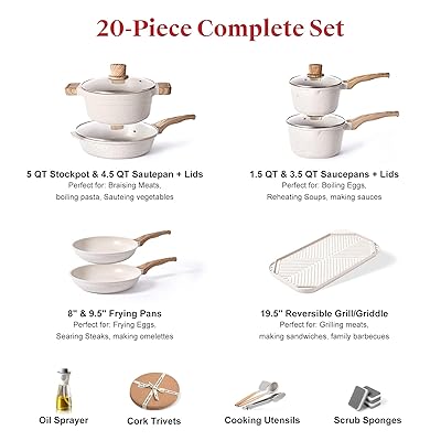 Caannasweis 20 Pieces Pots and Pans Set Kitchen Nonstick Cookware Sets  Granite Frying Pans for Cooking Marble Stone Pan Sets Kitchen Essentials
