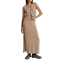 Women's Summer 2 Piece Outfit Set V Neck Button Crop Tank Top Vest Bodycon Maxi Long Skirt Waffle Knit Dress