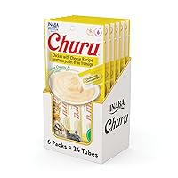 INABA Churu Cat Treats, Grain-Free, Lickable, Squeezable Creamy Purée Cat Treat/Topper with Vitamin E & Taurine, 0.5 Ounces Each Tube, 24 Tubes (4 per Pack), Chicken with Cheese Recipe