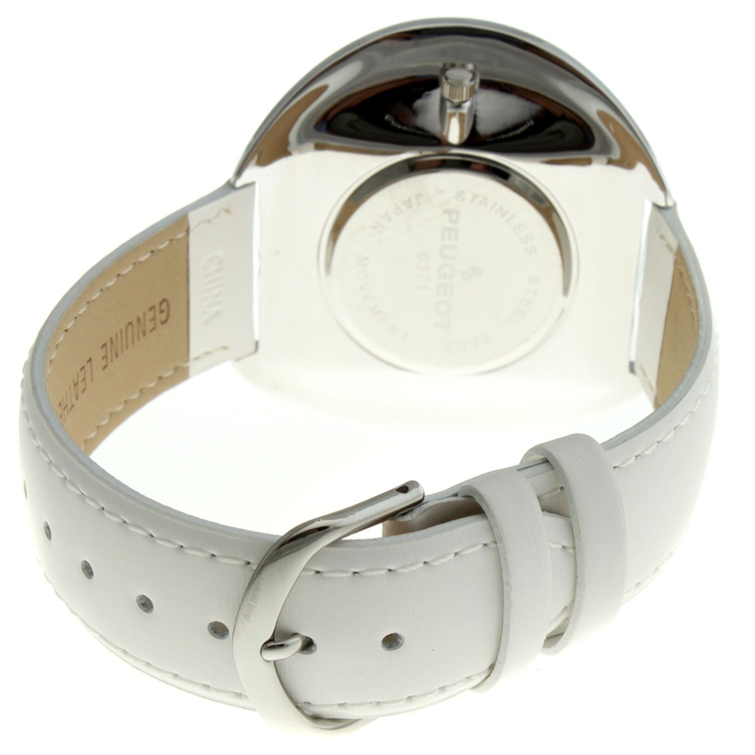Peugeot Couture Crystal-Accented Wrist Watch with Curved Case and White Leather Strap Band