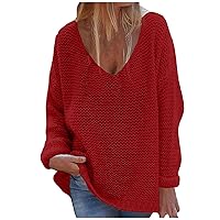 Sweaters for Women Wide V Neck Long Sleeve Hollow Out Cable Knit Oversized Pullover Sweater Tops Red