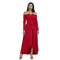 Annystore Women Off Shoulder Dress - Elegant Long Sleeve Formal Party High Low Maxi Dress with Belt