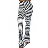 Vaceky Women's Stacked Fuzzy Pants High Waist Black and White Striped Bell Bottoms Street Causal Sweatpants