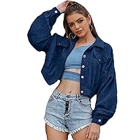 Andongnywell Women Long Sleeve Classic Loose Buttons Jacket Retro Fashion Casual Loose Corduroy Overcoats (Navy,Small)