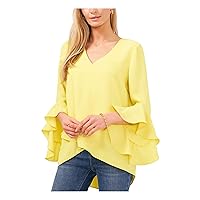 Vince Camuto Womens Yellow Pleated Crossover Front Step Hem Flutter Sleeve V Neck Wear to Work Tunic Top XS