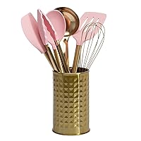 Kitchen Set Tool Crock with Silicone Cooking Utensils, Stainless Steel Whisk and Ladle, 7-Piece, Pink and Gold