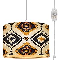 Plug in Pendant Light ethnic patterns geometric native tribal boho motif aztec textile Hanging Lamp with Plug in Cord 16.4 ft Fabric Shade Dimmable Hanging Light for Living Room Kitchen Bedroom