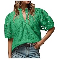 Women's Blouses for Women Dressy Casual Summer Button Down Tops Lantern Sleeve Hollow Out Lace Embroidered T-Shirts Army Green