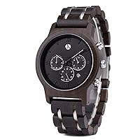 Kim Johanson Air Force Men's Wood Stainless Steel Watch in Dark Brown Chronograph with Link Bracelet Handmade Quartz Analogue Watch with Gift Box, brown, Bracelet