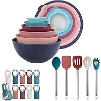 COOK WITH COLOR Grey Ombre Kitchen Bundle- Mixing Bowls with Lids, 5 Silicone Cooking Utensils and Airtight Bag Clips (Multi-Colored).