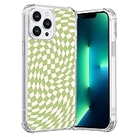 Sage Green Checkered iPhone Case Aesthetic Design Cover with Shockproof & Anti-Scratch Black TPU for Phone Case Compatible for iPhone 14 Pro Max（Wavy Checkers Art Print,6.7in
