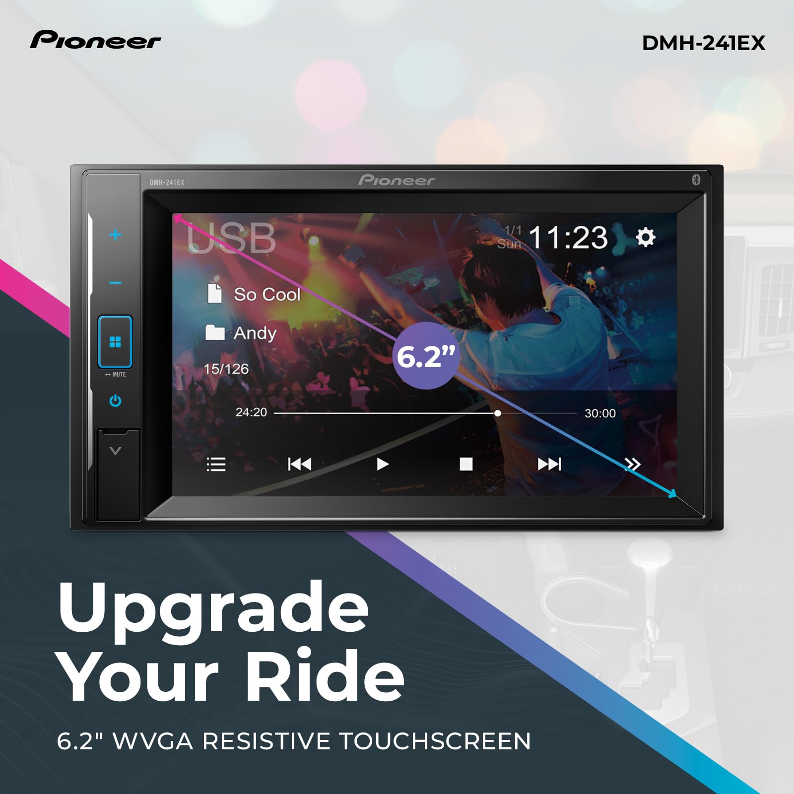 Pioneer DMH-241EX Double Din Multimedia Receiver, with Amazon Alexa via The Pioneer Vozsis App, Bluetooth and Backup Camera Compatibility, 6.2” Capacitive Touchscreen