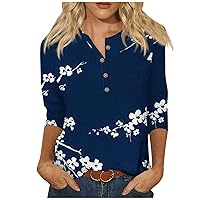Blouses for Women Dressy Casual,3/4 Length Sleeve Womens Tops Vintage Print Button Top Graphic Tees for Women