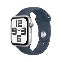 Apple Watch SE (2nd Gen) [GPS + Cellular 44mm] Smartwatch with Silver Aluminum Case with Storm Blue Sport Band Sport Band M/L. Fitness & Sleep Tracker, Crash Detection, Heart Rate Monitor