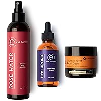Eve Hansen Soothe & Repair Set: Organic Rose Water Spray for Face Moroccan Rosewater Face Toner, Setting Spray 8oz | Hydrating Hyaluronic Acid Serum for Face 2oz | Anti Aging Vitamin C Night Cream 2oz