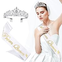 2Pcs Prom Queen Sash and Tiara Set, Tiara Crystal Rhinestones Bridal Crowns for women, Silver Crown with Comb for Little Girls Birthday and Wedding School Graduate Party Accessories