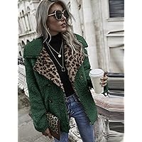 BOBONI Women's Jackets Autumn Leopard Print Double Button Teddy Coat Lightweight Fashion (Color : Dark Green, Size : X-Large)