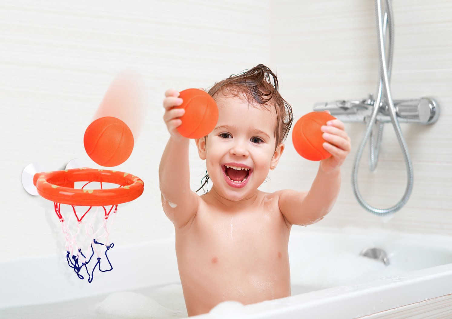 BRITENWAY Bath Toys - Bathtub Basketball Hoop for Kids w/ 3 Balls - BPA Free Plastic Toddler Bath Toys for Boys & Girls - Easy to Set Up Basketball Shooting Game w/Suctions Cups for Flat Surface